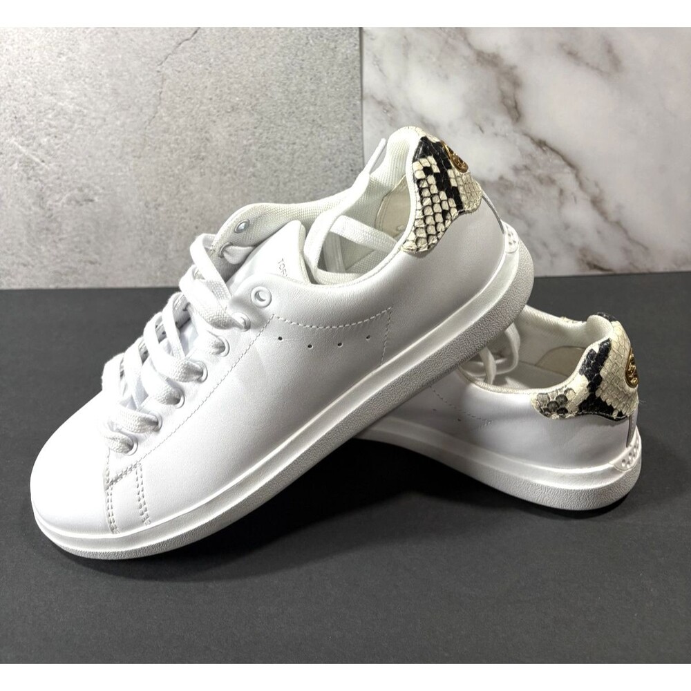 Women's White Sneakers with Snake-Print Heel Accent